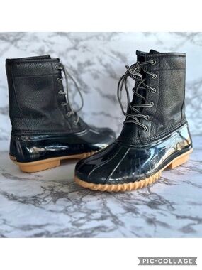 Sporto Dakota Rubber Boots Black Pebbled Lace Up Snow Winter Duck 8